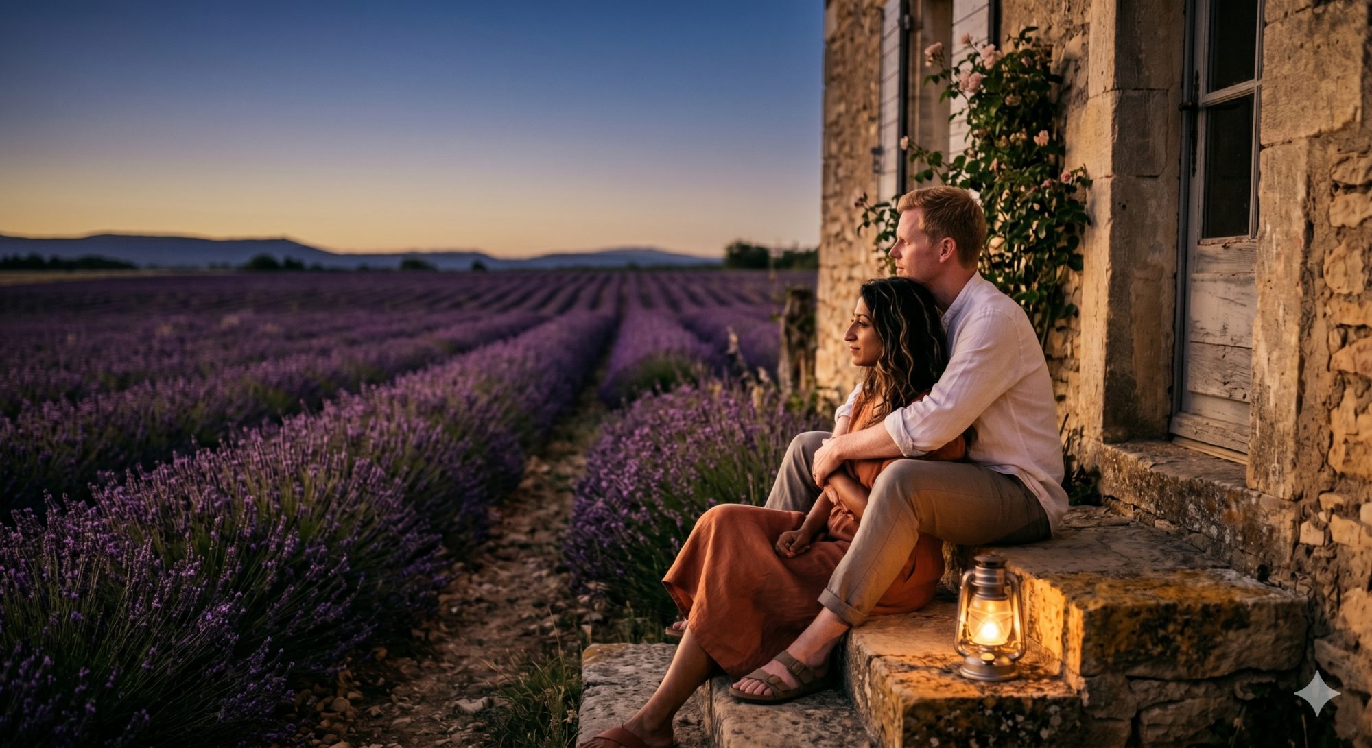 Elena and Andrei at a stone farmhouse in Provence at dusk