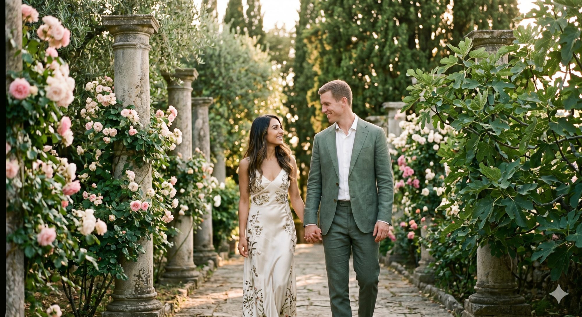 The couple walking a colonnaded garden path at golden hour