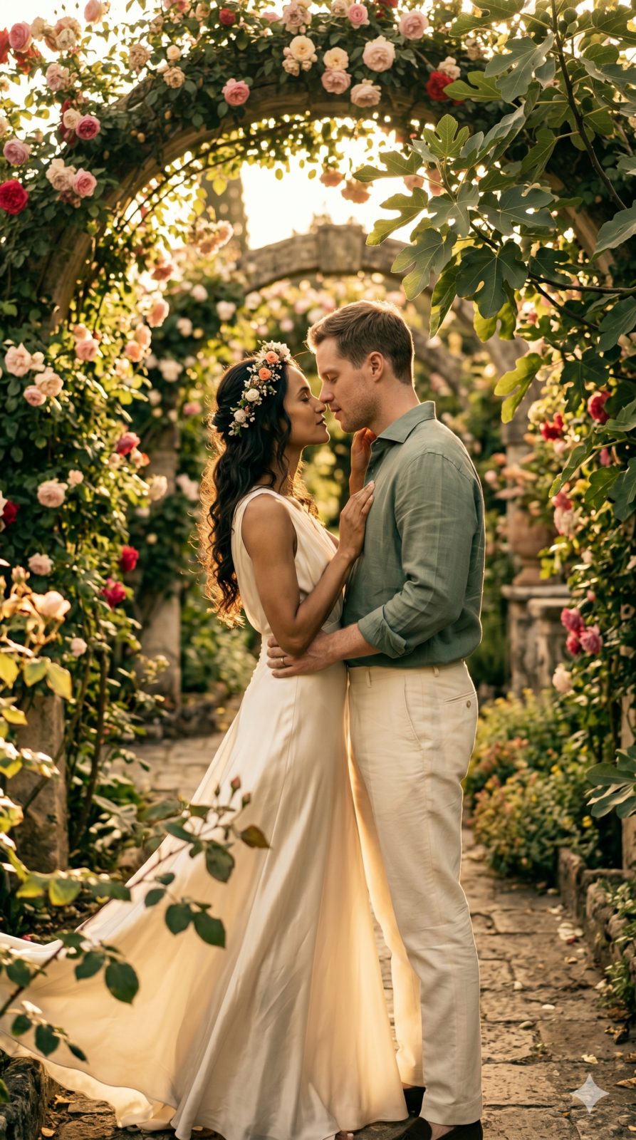 Ioana and Matei beneath a rose arch in the garden at golden hour
