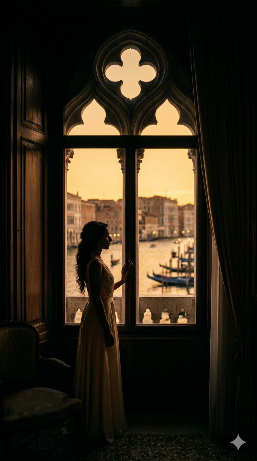 Sofia at a Venetian window overlooking the Grand Canal at dusk