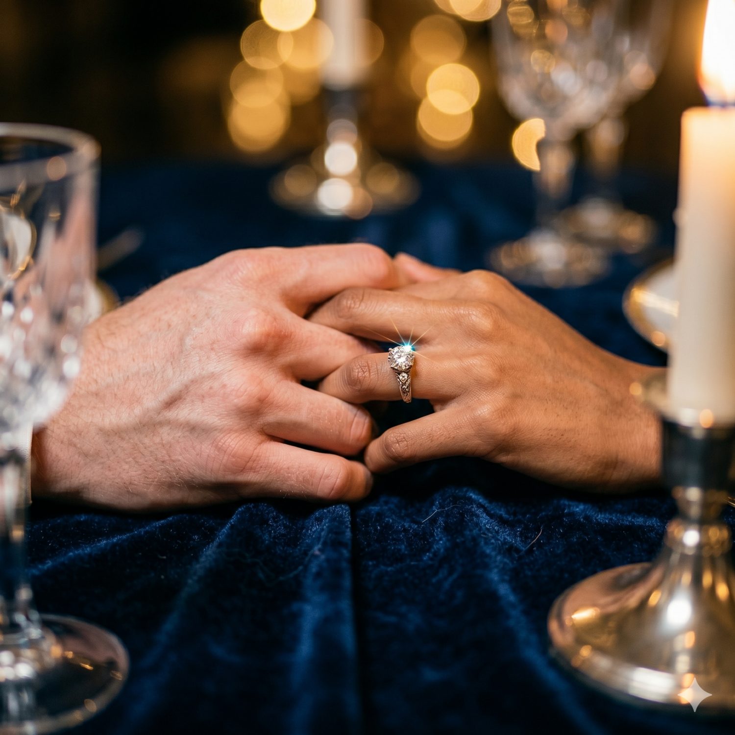 Rings and glassware on a velvet table